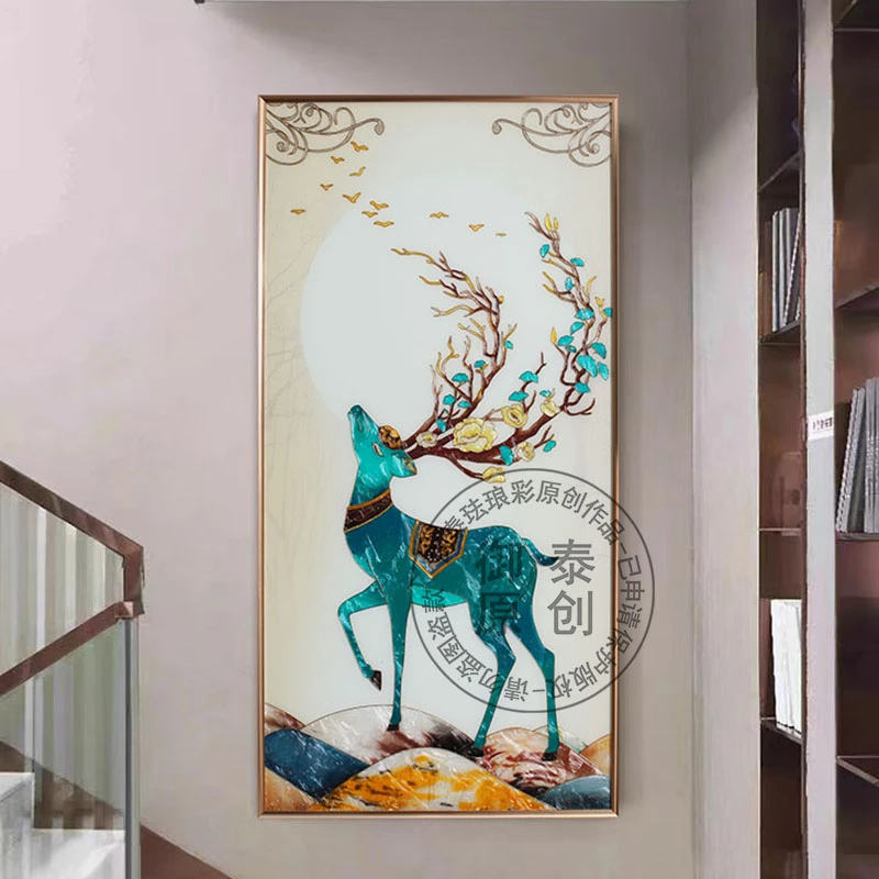 现代新中式轻奢玄关画瑞鹿手绘珐琅彩装饰画入户走廊高级感挂画