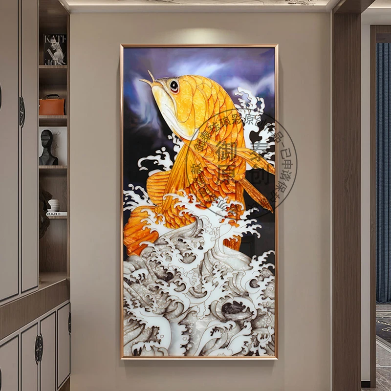 现代轻奢手绘珐琅彩装饰画入户玄关挂画金龙鱼年年有余走廊过道