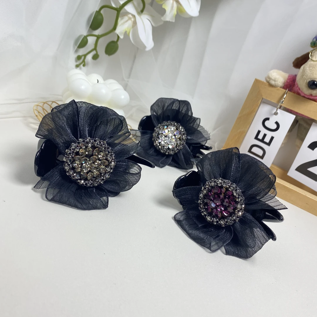 韩国Eunoia Nero【奢华感圆盘锆石网纱丸子头抓夹】5047百搭