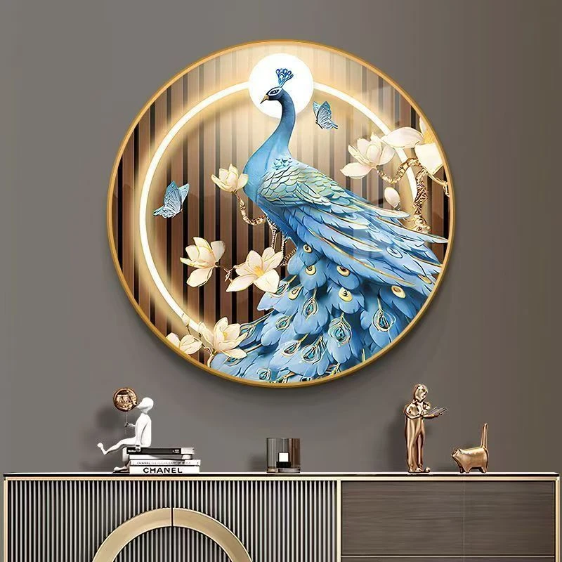 圆-001孔雀圆形玄关装饰画轻奢现代高档孔雀餐厅客厅装饰画捡漏