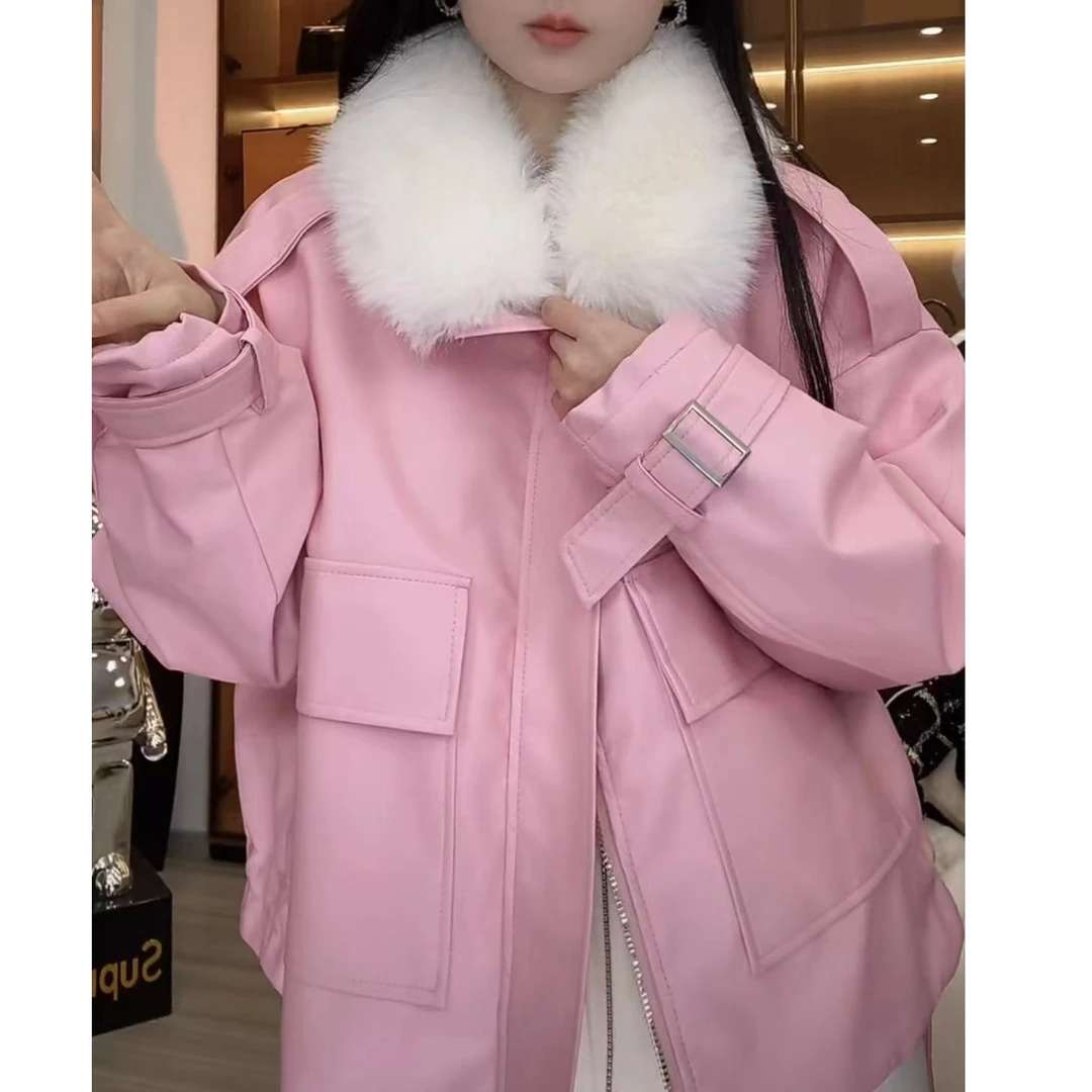 【秀宝女装】小个子宽松加绒加厚派克服皮衣外套XB7193