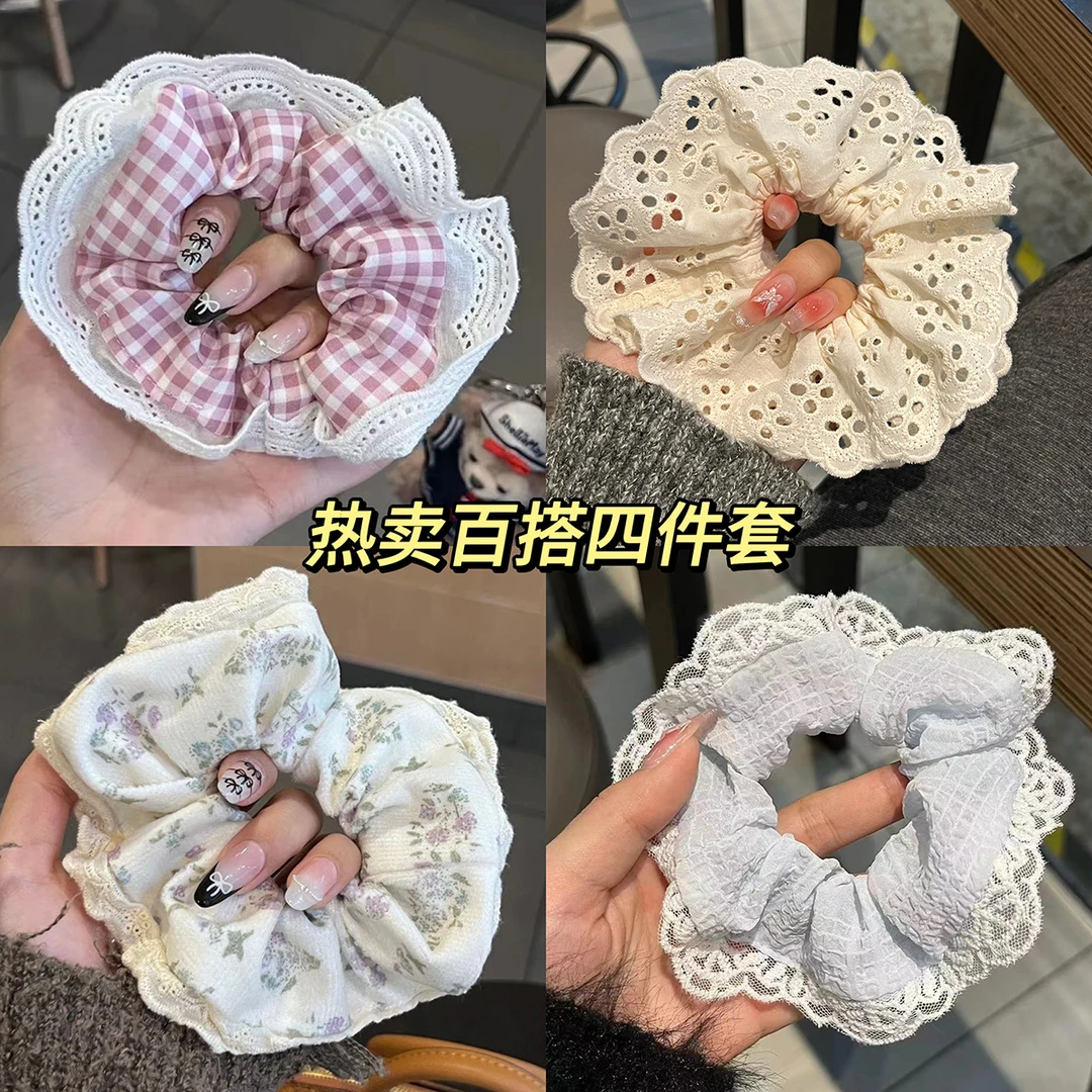 甜美公主风发圈格子小花蕾丝大肠圈可爱少女百搭发绳超仙马尾发饰