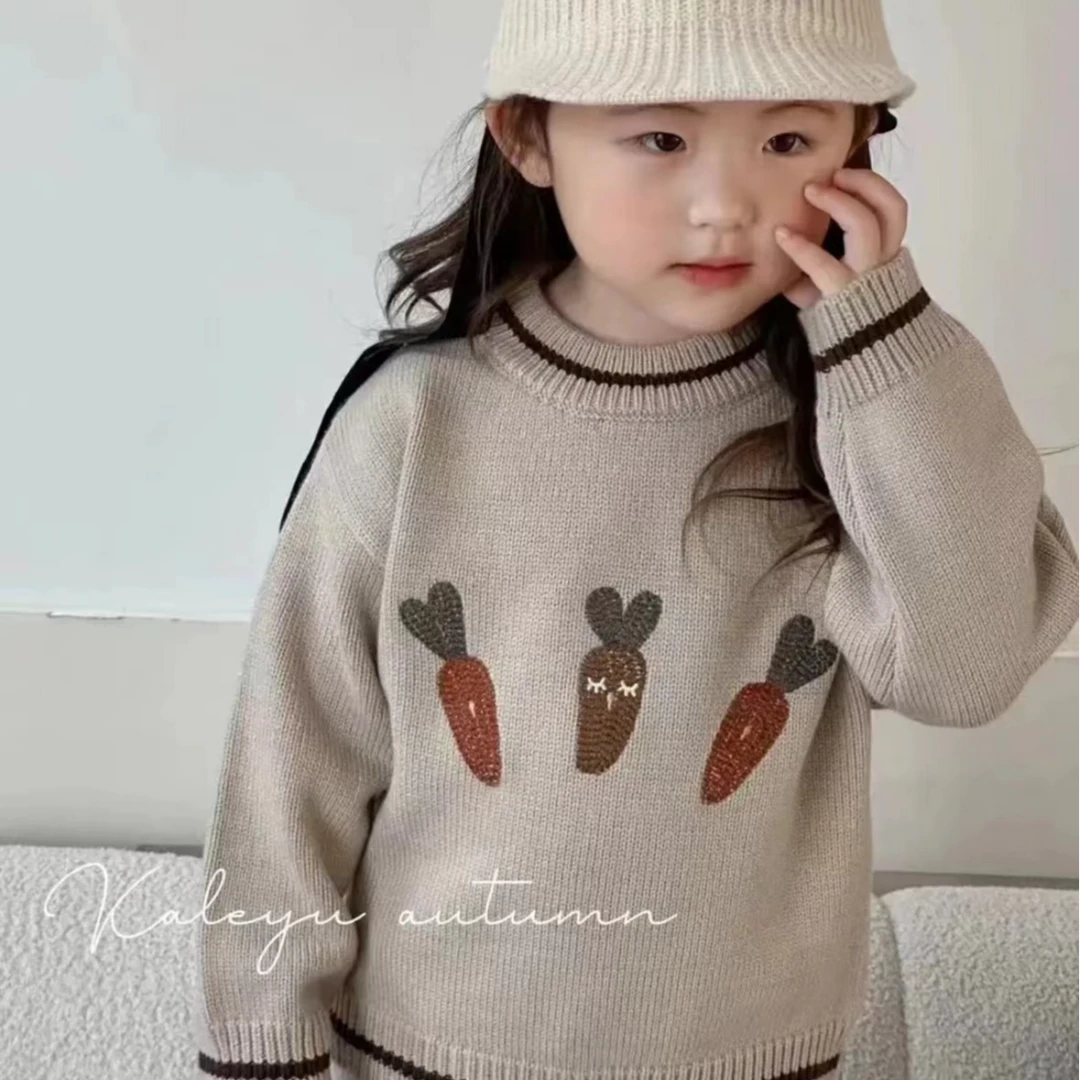儿童秋冬新款套头针织衫毛衣胡萝卜可爱复古百搭毛衣男童女童毛衣