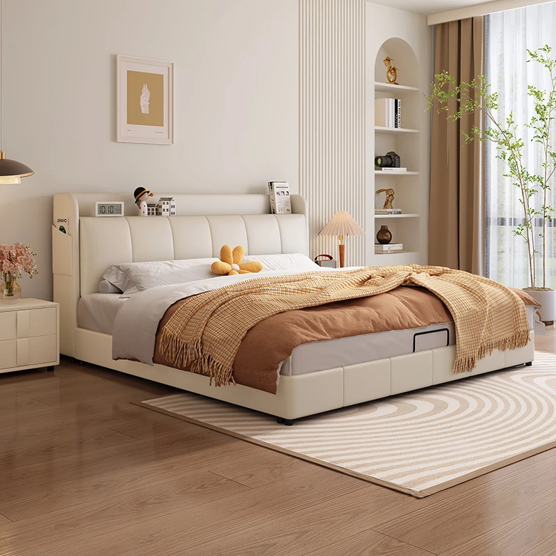 奶油风家用真皮床现代简约实木床轻奢主卧大床高箱婚床双人床家具