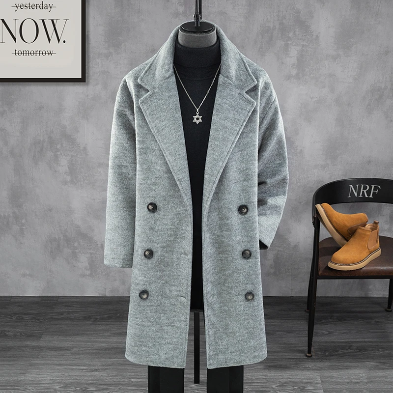 冬季中长款毛呢外套男韩版潮流ins加厚西装领双排扣呢子风衣大衣