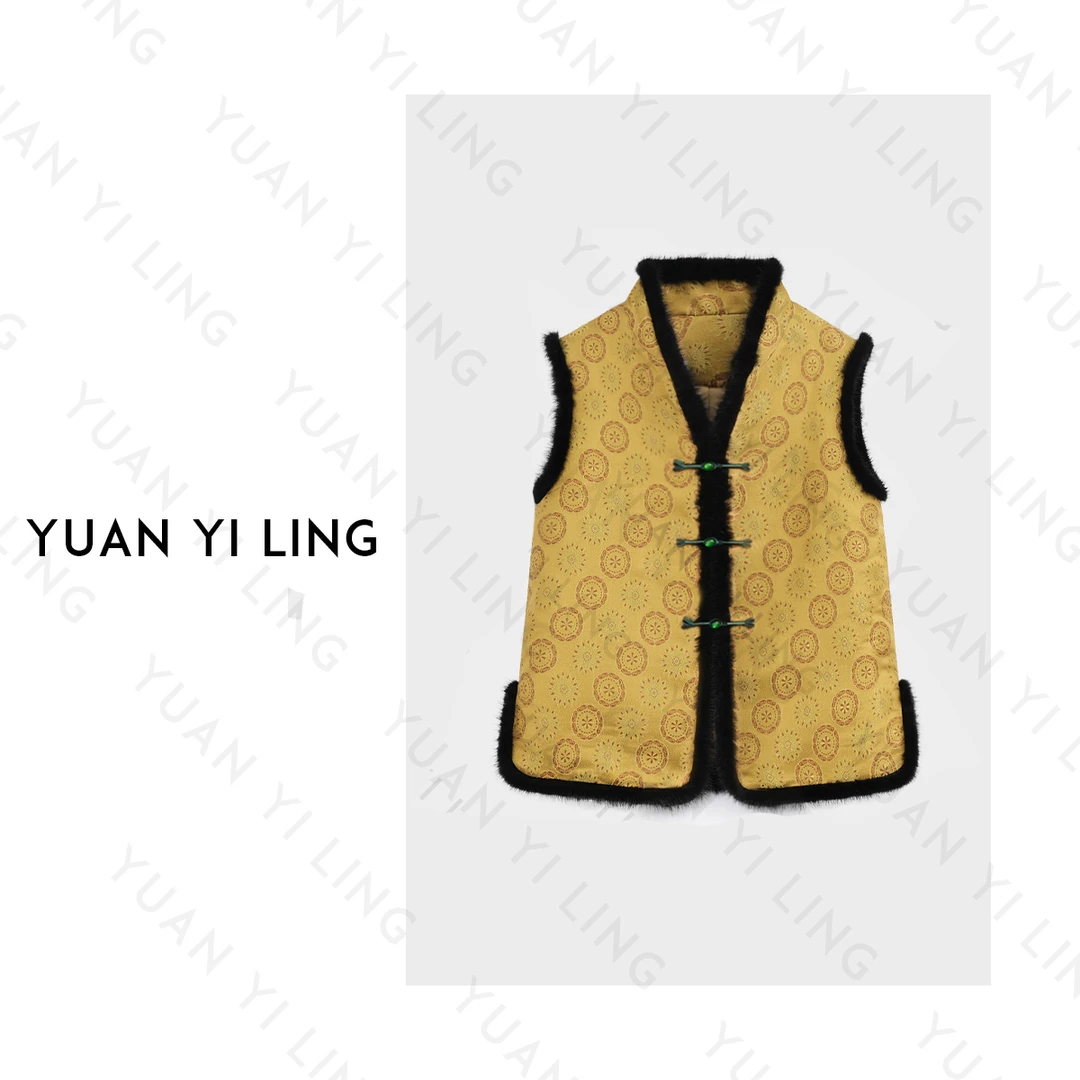 YUAN YI LING【锦绣】冬中国传统宝相花纹拼接水貂条半暖真丝马甲