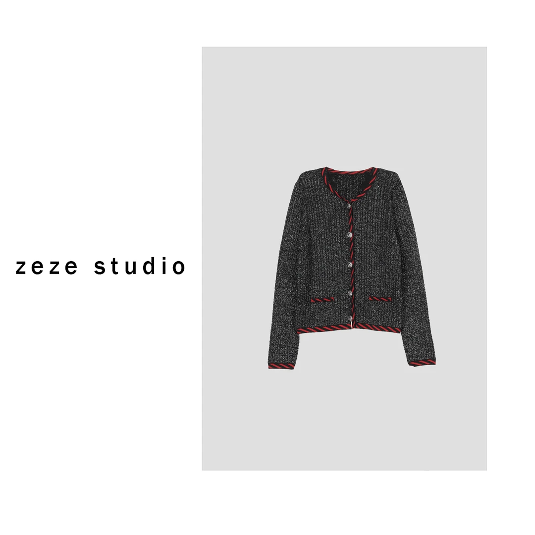 zeze studio【独立设计师】秀款银丝羊毛开衫轻奢粗花呢长袖撞色