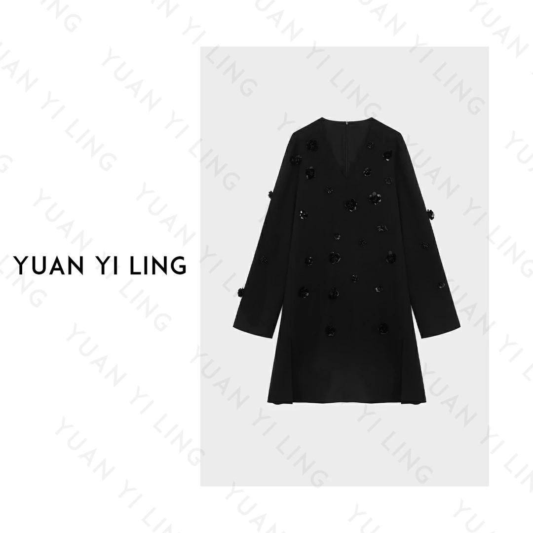 袁艺灵【珊瑚岛】重工手缝小黑裙氛围感时尚女装连衣裙秋冬款