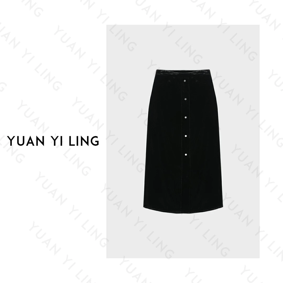 袁艺灵【独立设计师】桑蚕丝高奢丝绒排扣半裙黑女装半身裙春
