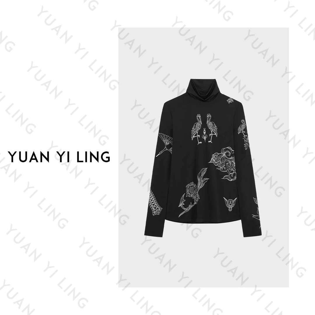 YUAN YI LING【鹊起】24早秋新款新中式印花设计通勤风 女装打底T恤