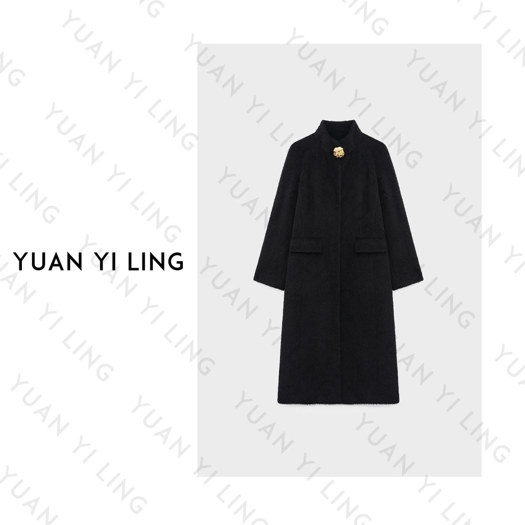 YUAN YI LING【金扣子】秋冬款炭黑长毛收腰苏力时尚毛毛黑色呢大衣
