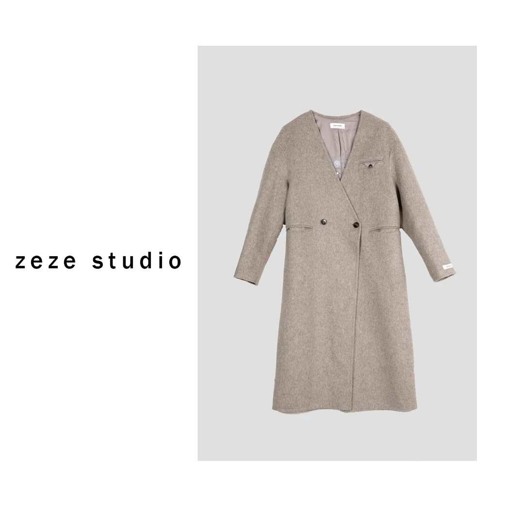 zeze studio【独立设计师】女装无领毛呢大衣风衣外套