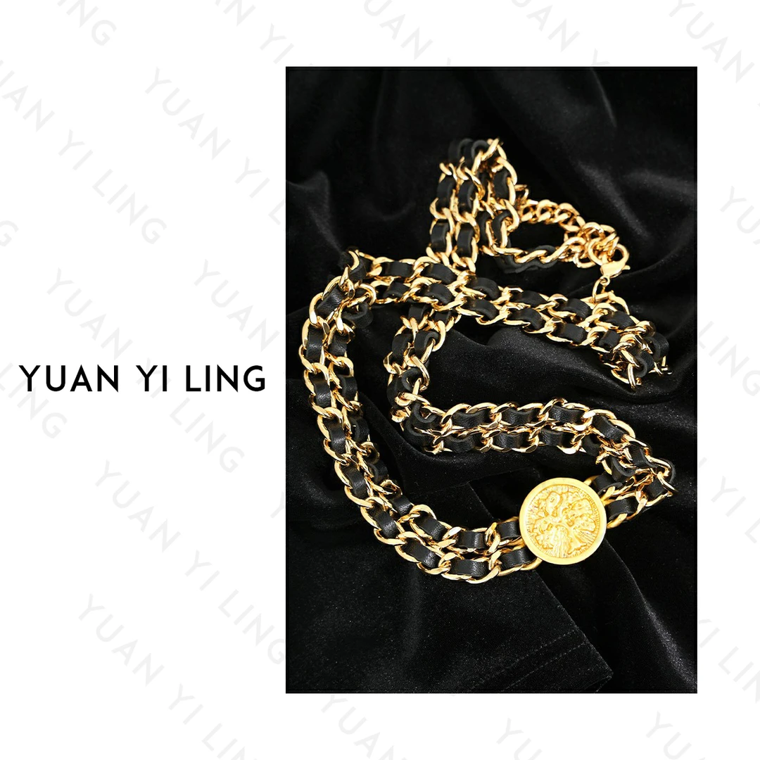YUAN YI LING【中古小香】2024新进口头层牛皮黑金双层复古链条腰带