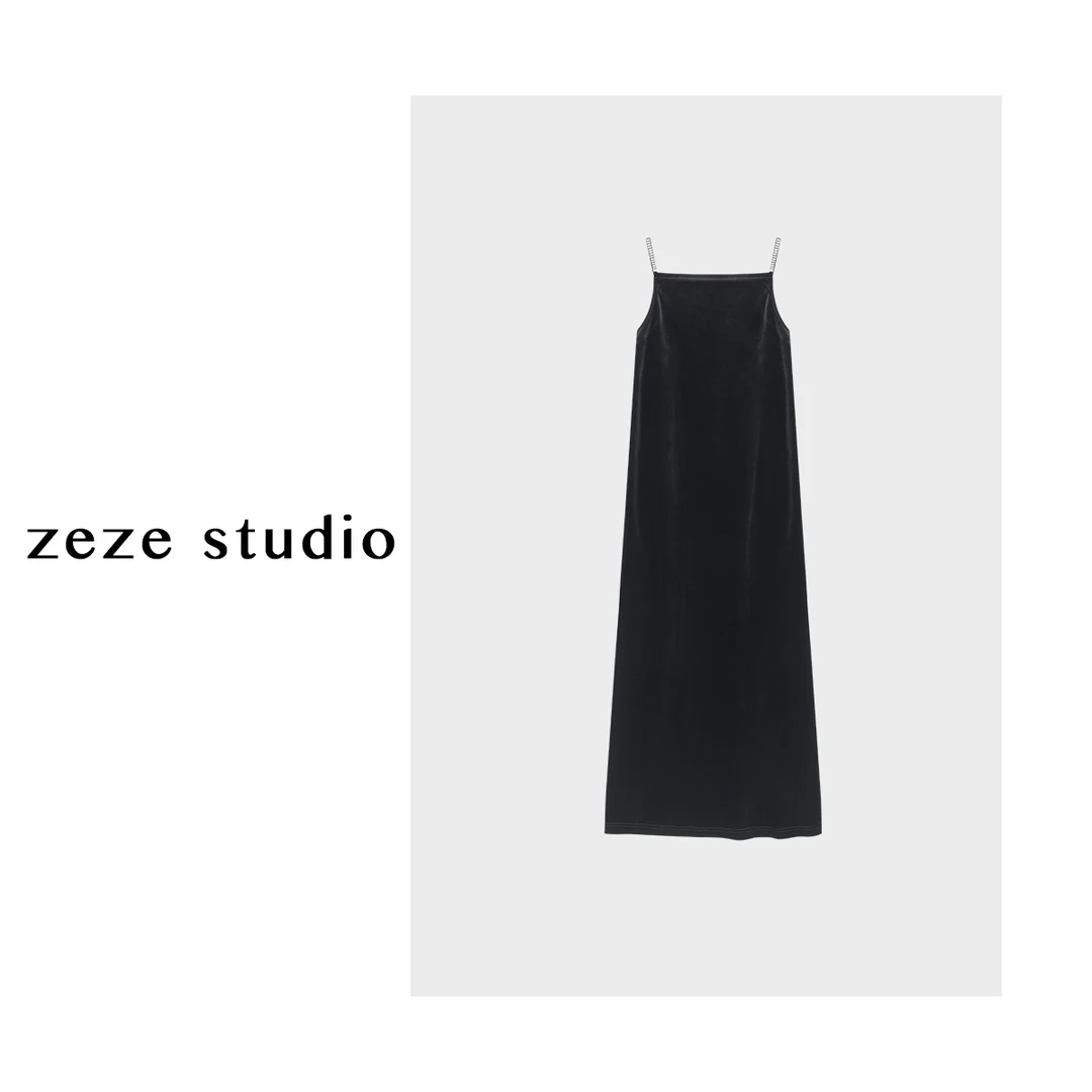 袁艺灵【真丝黑天鹅】设计师帖钻吊带丝绒女开叉吊带连衣裙夏