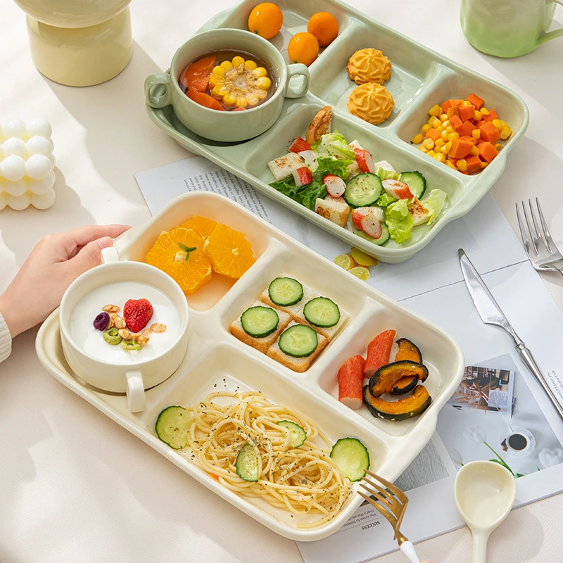 早餐分格餐盘盘子高级感大人专用家用一人食餐具陶瓷早餐盘快餐盘