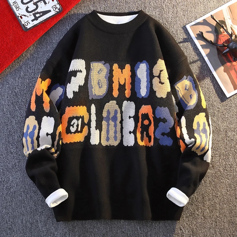 毛衣男冬季2024款圆领秋字母印花美式潮牌宽松休闲加厚外穿上衣