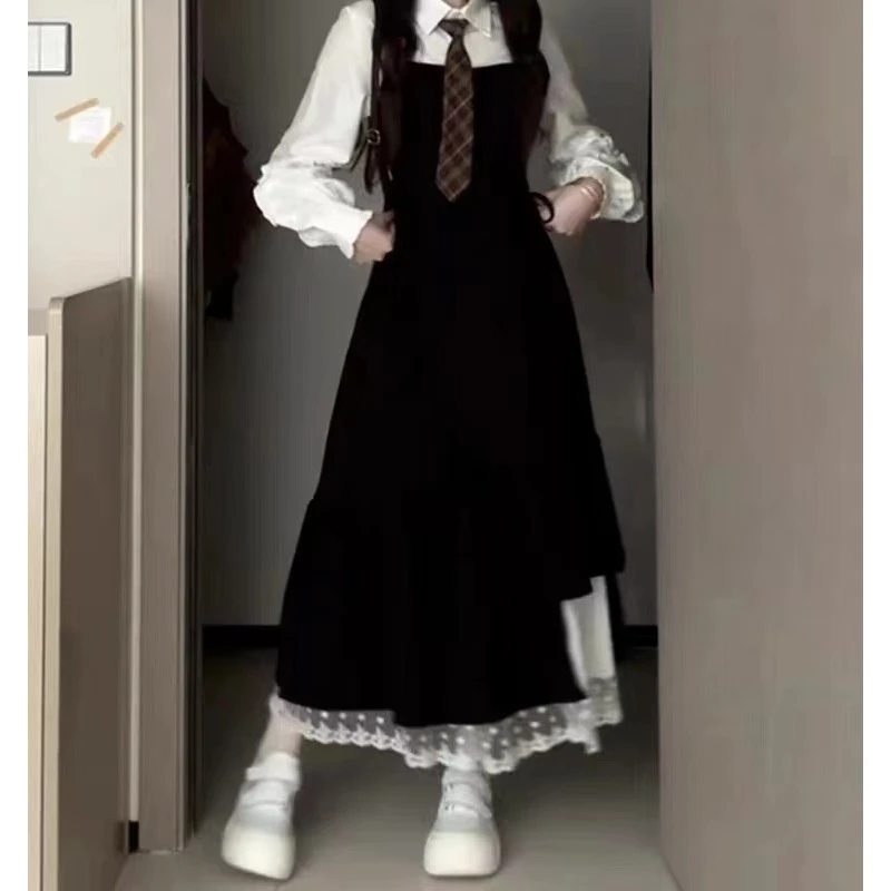 （大哈哈）2024早秋新款黑色吊带连衣裙子女装春秋季学院风1437