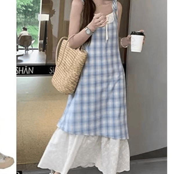 （大哈哈）夏季小清新假两件拼接格纹吊带裙宽松遮胯连衣裙1292