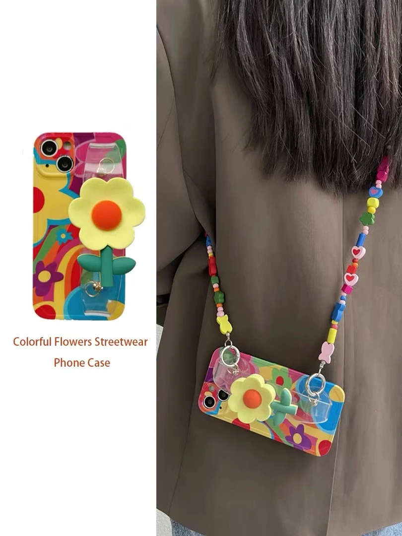 ins涂鸦小黄花透明腕带iPhone15手机壳苹果13/14彩色积木斜挎绳12