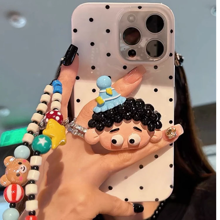 ins波点适用iPhone15/14/13可爱卷发男孩支架华为荣耀创意保护套