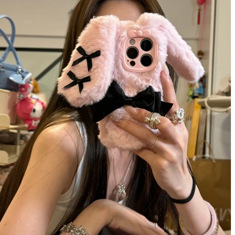 ins秋冬毛绒蝴蝶结长耳兔兔适用于苹果16pro手机壳15少女14可爱13