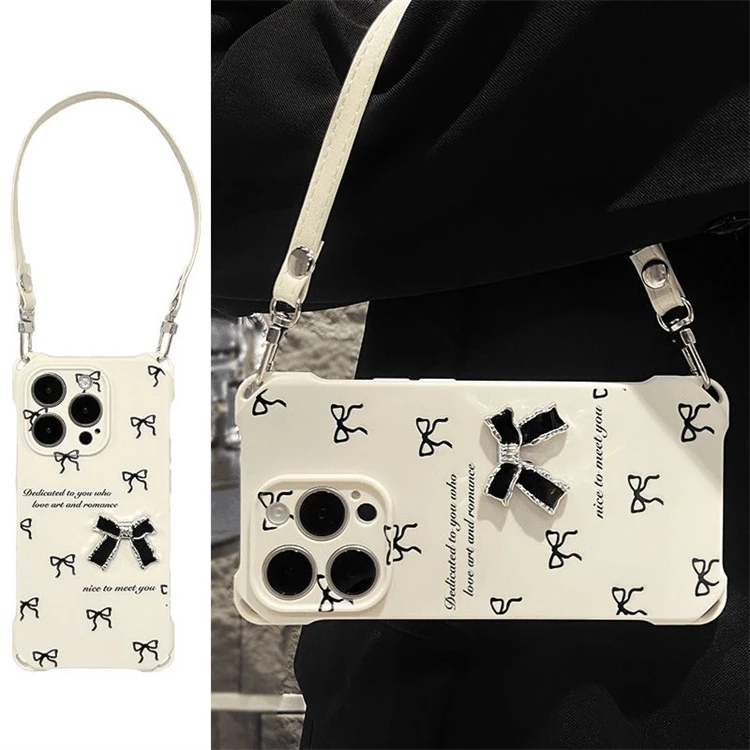 ins风蝴蝶结苹果15promax手机壳四角挂绳iPhone12pro手提13潮14女