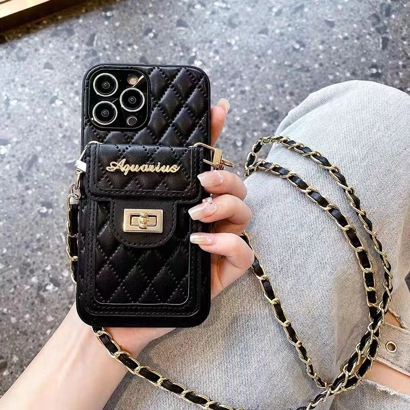 小香风菱格卡包苹果13手机壳14斜挎iPhone15promax保护套12潮牌女