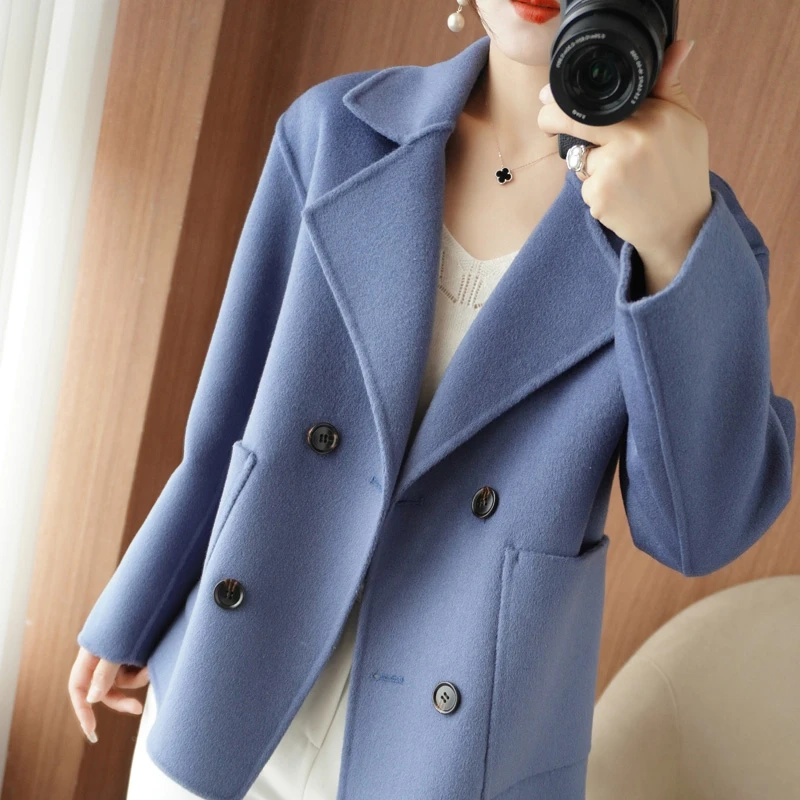 2023新款女秋冬小个子短款100%纯羊毛大衣气质显瘦毛呢韩版双面呢
