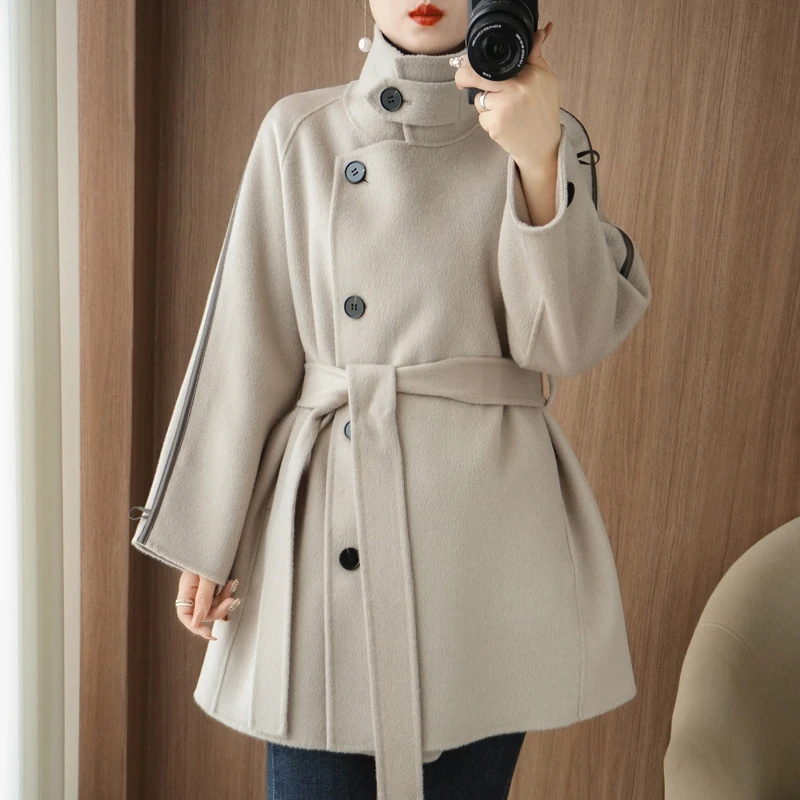 2024新款女秋冬气质毛呢中长款时尚宽松韩版系绳外套双面呢大衣