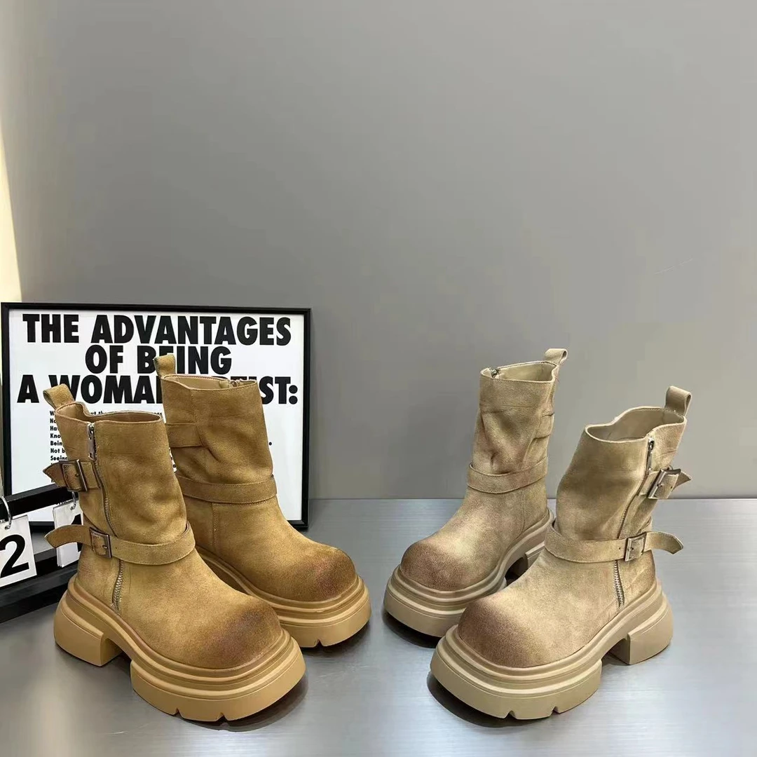 玲一一【骑士】~时尚百搭黑色复古厚底韩版高筒圆头靴（7公分）