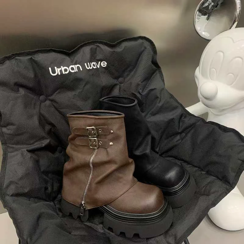 玲一一【短裤管】~休闲时尚百搭厚底真皮英伦风时装靴（7公分）