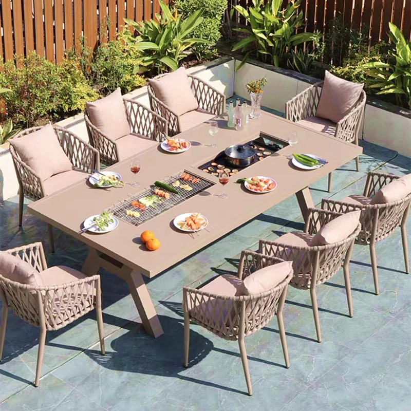 户外休闲铝合金烧烤桌防水简约阳台桌椅组合套装藤编休闲桌喝茶