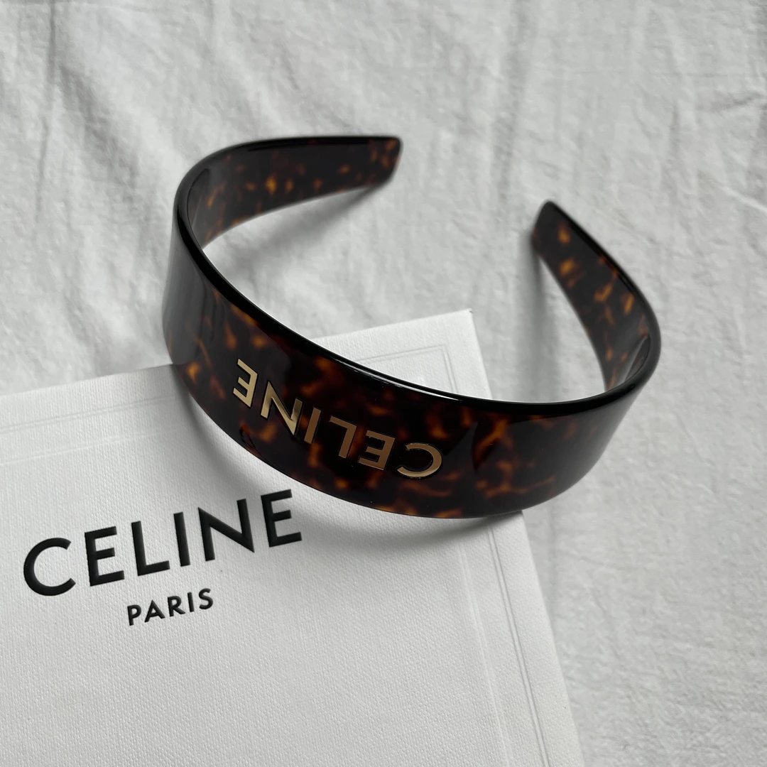 【全新未使用】Celine 深玳瑁色 金色字母Logo发箍