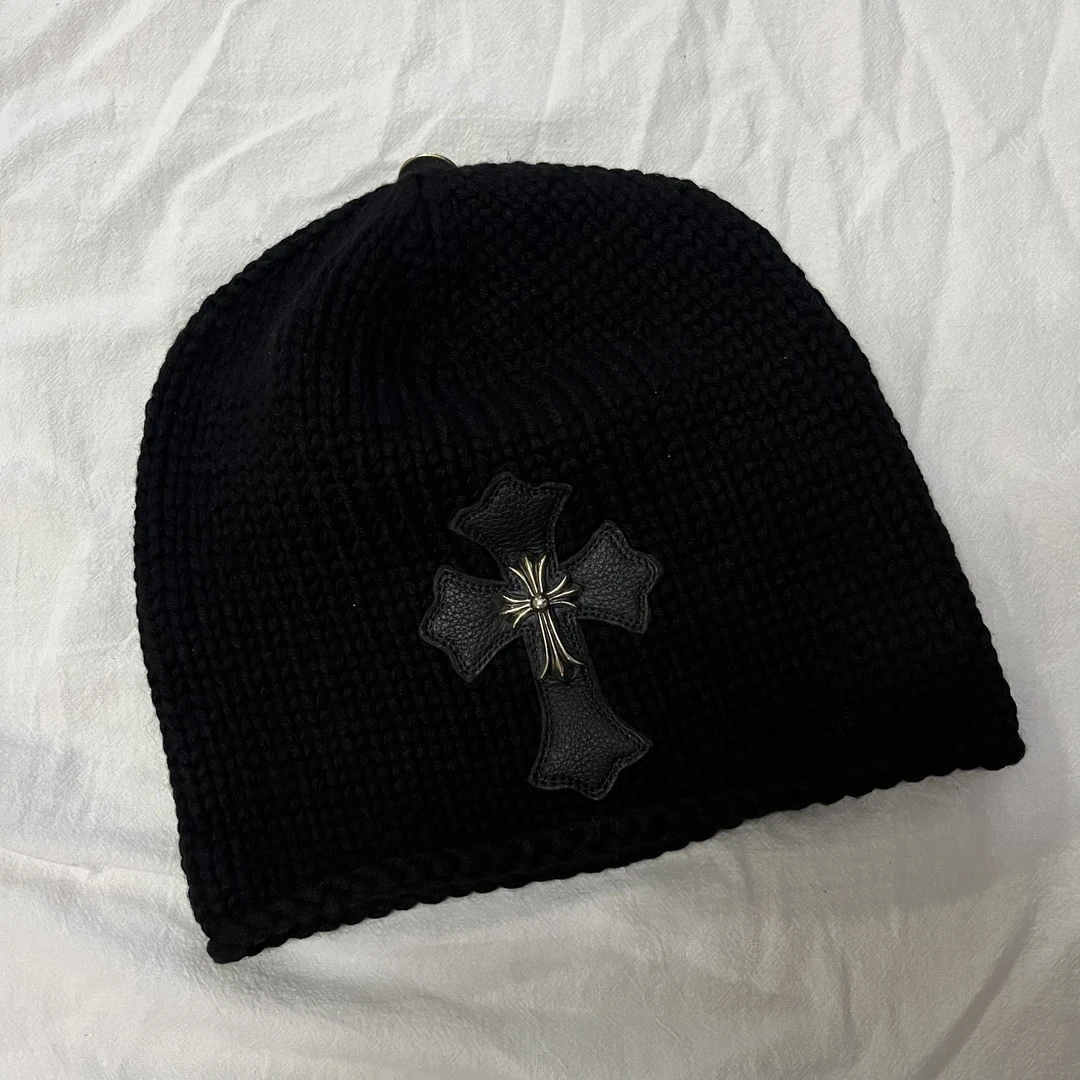 【全新未使用】克罗心ChromeHearts 黑色羊绒银十字贴皮银扣冷帽