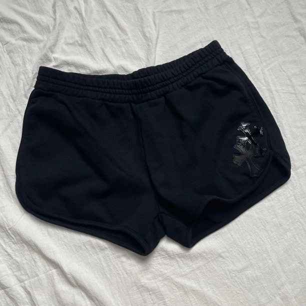 【全新未使用】克罗心ChromeHearts 黑色十字贴皮 松紧带卫裤短裤