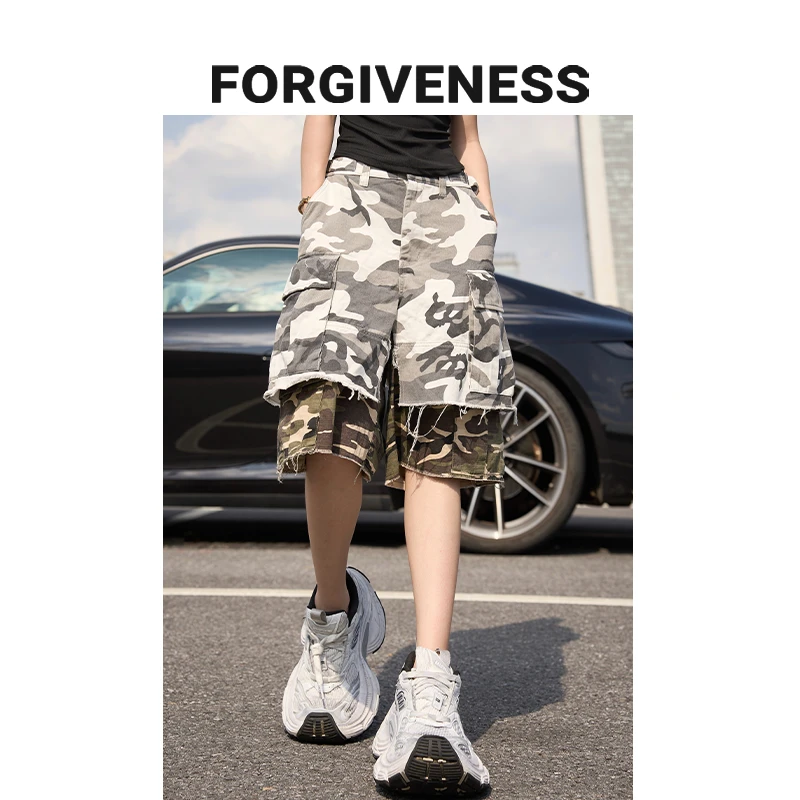 【BALI丘小丘】巴黎拼接迷彩水洗做旧宽松直筒夏季潮流美式短裤男女