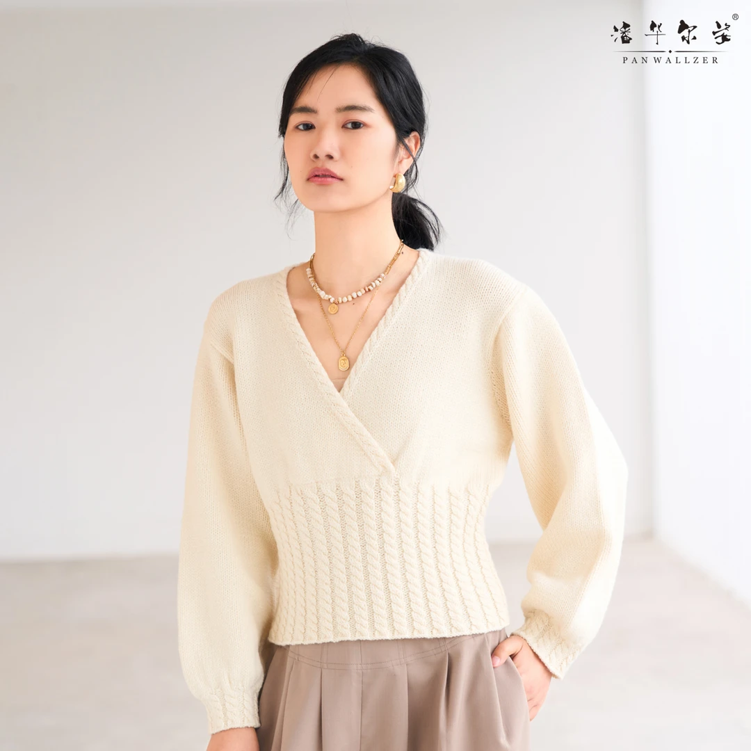 潘华尔姿高端定制纯手工精致短款新中式对襟V领毛衣秋冬全新女款
