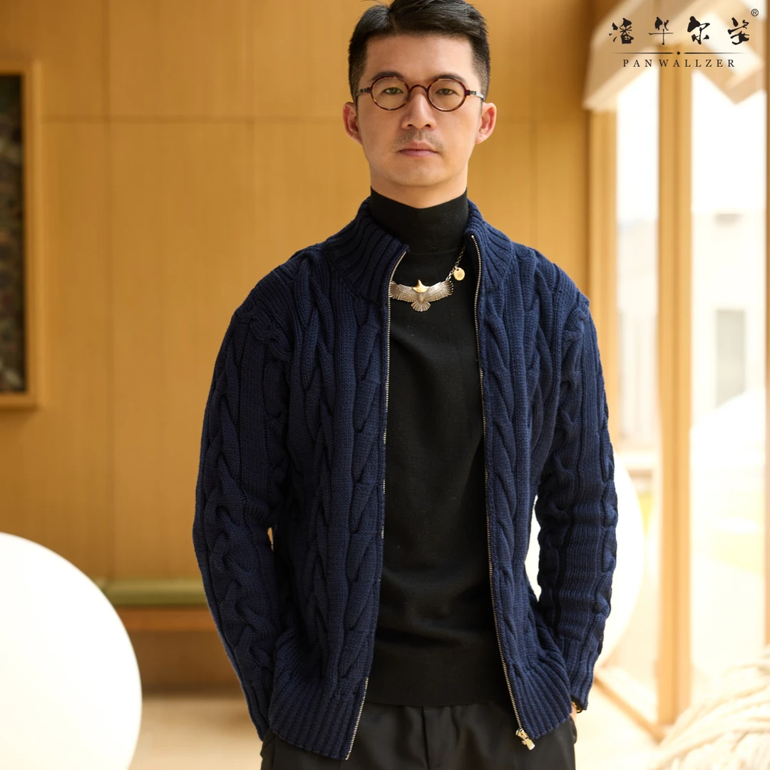 潘华尔姿秋冬新款男装手工编织毛衣高领拉链开衫外套高端定制成衣