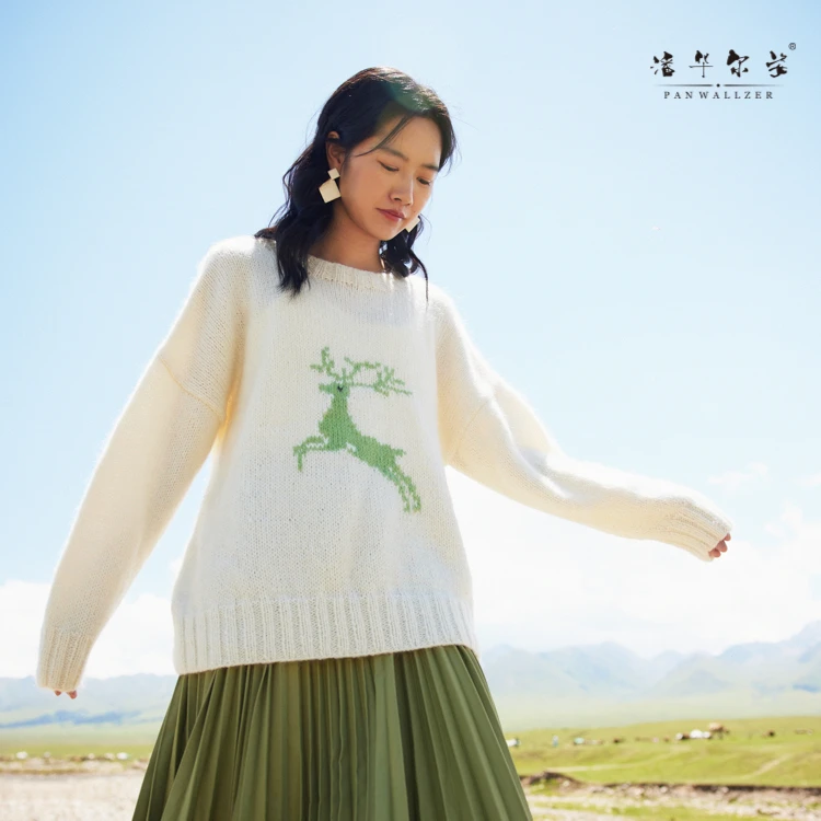 潘华尔姿高端定制手工编织毛衣套头小麋鹿图案撞色宽松慵懒秋冬新