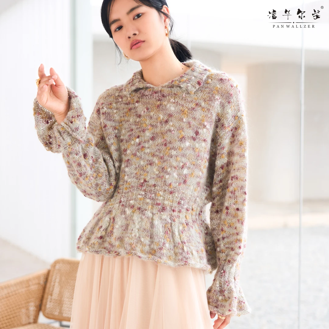 潘华尔姿高端定制秋冬新款手工编织彩点灯笼袖鱼尾摆套头时尚气质