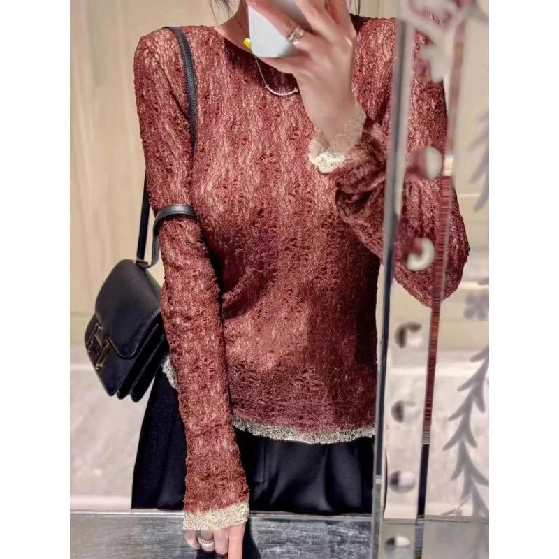 WANTHAT/凡黛卡气质御姐红色蕾丝衫高级感镂空网纱内搭T恤YC009