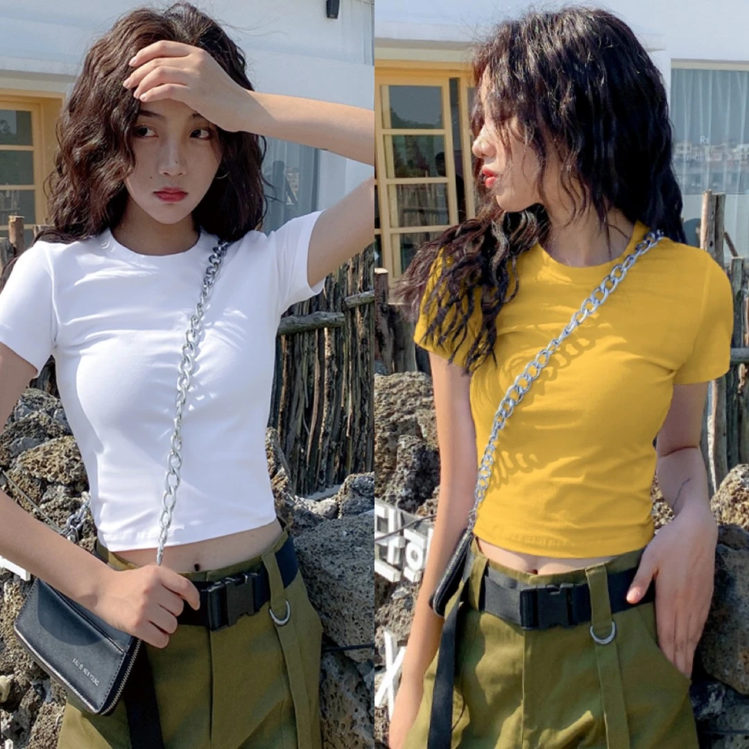 小圆领棉短款t恤女短袖打底衫女内搭高腰透气露脐装修身显瘦上衣