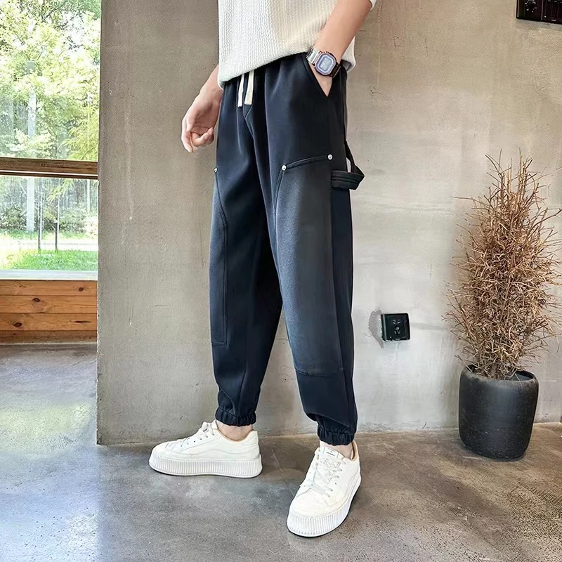 潮流痞帅裤子男款春季时尚个性拼接束脚哈伦裤百搭宽松休闲卫裤男