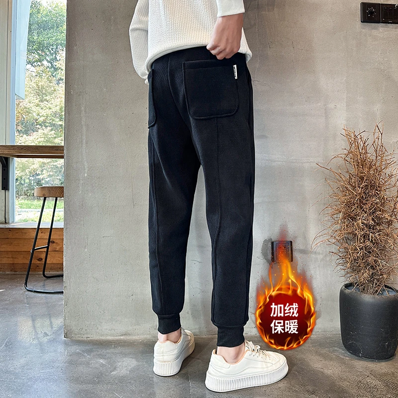 灯芯绒男裤秋冬季加绒加厚休闲卫裤潮流时尚拼接束脚帅气哈伦裤男
