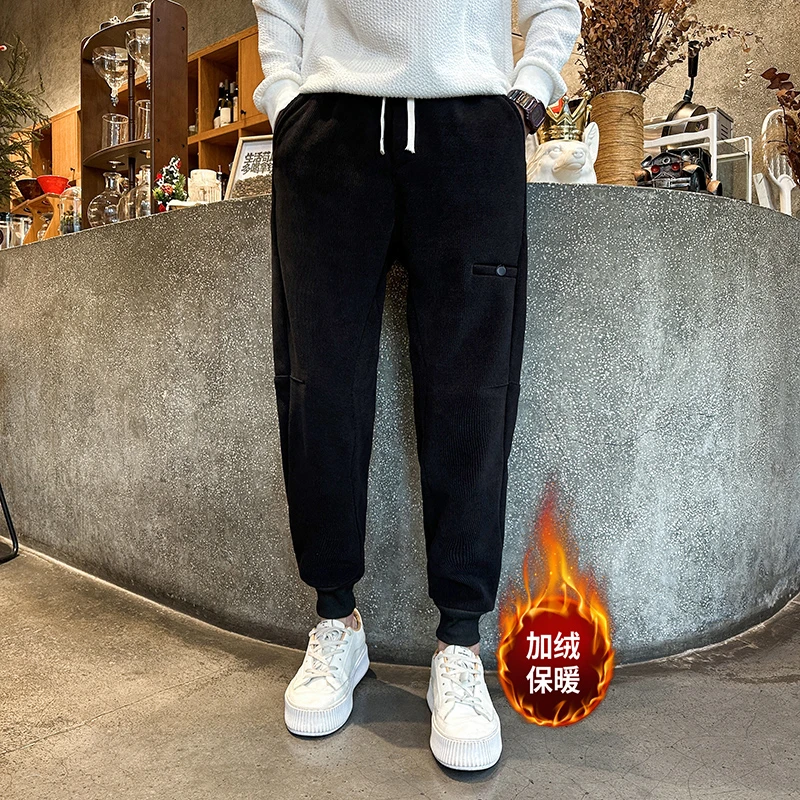 潮牌修身束脚卫裤男秋冬季加绒加厚休闲裤痞帅哈伦裤灯芯绒裤子男