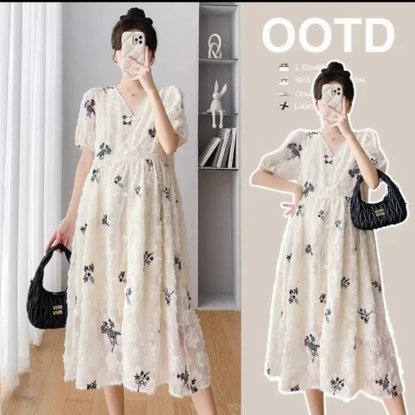 【糖糖】孕妇装夏季新款新中式国风工艺提花刺绣V领A摆中长款连衣裙
