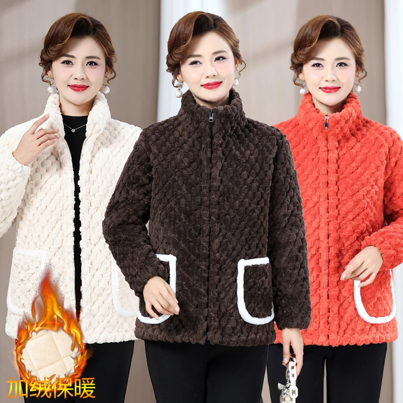 加绒女装冬季上衣中老年秋冬小棉衣妈妈棉服中年羊罩衣绒加厚保暖