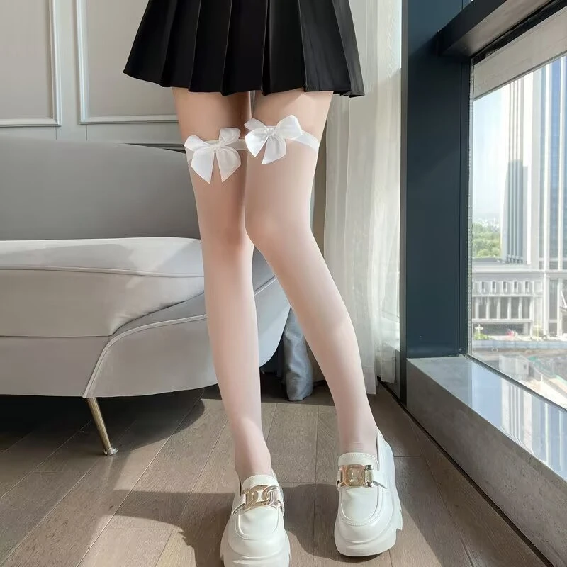 性感夏季蝴蝶结花边丝袜中筒袜甜美JK日系软妹女丝袜超薄白色丝袜