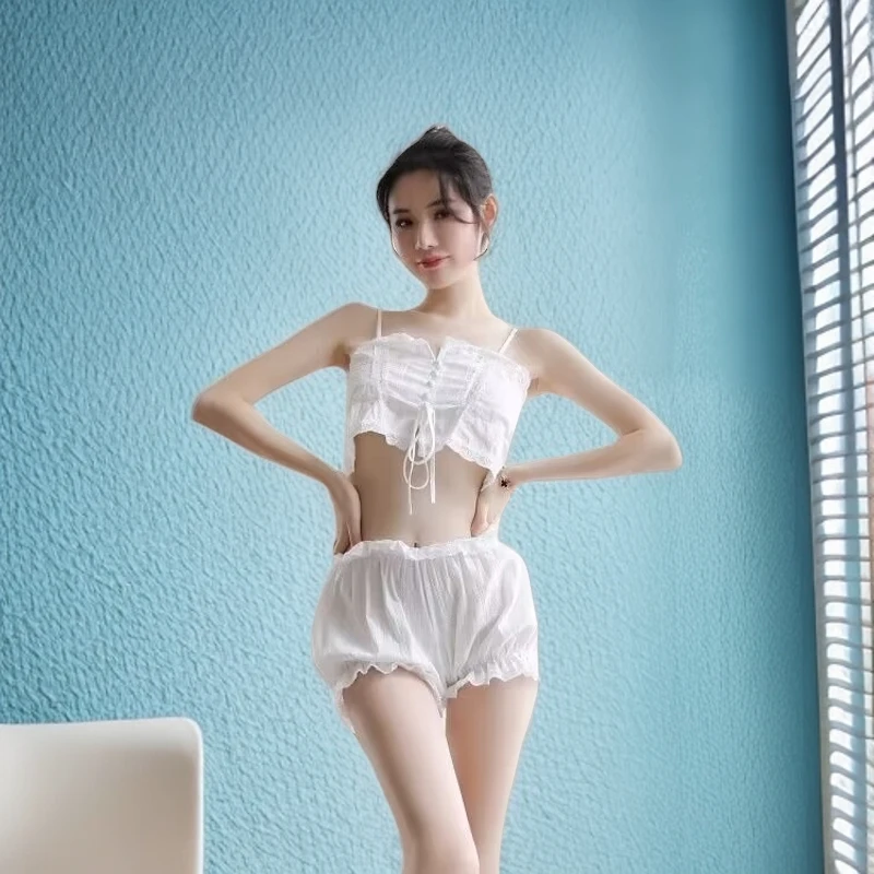 温柔纯欲两件套少女抹胸吊带薄款睡衣清纯甜美蕾丝花边睡衣高级感