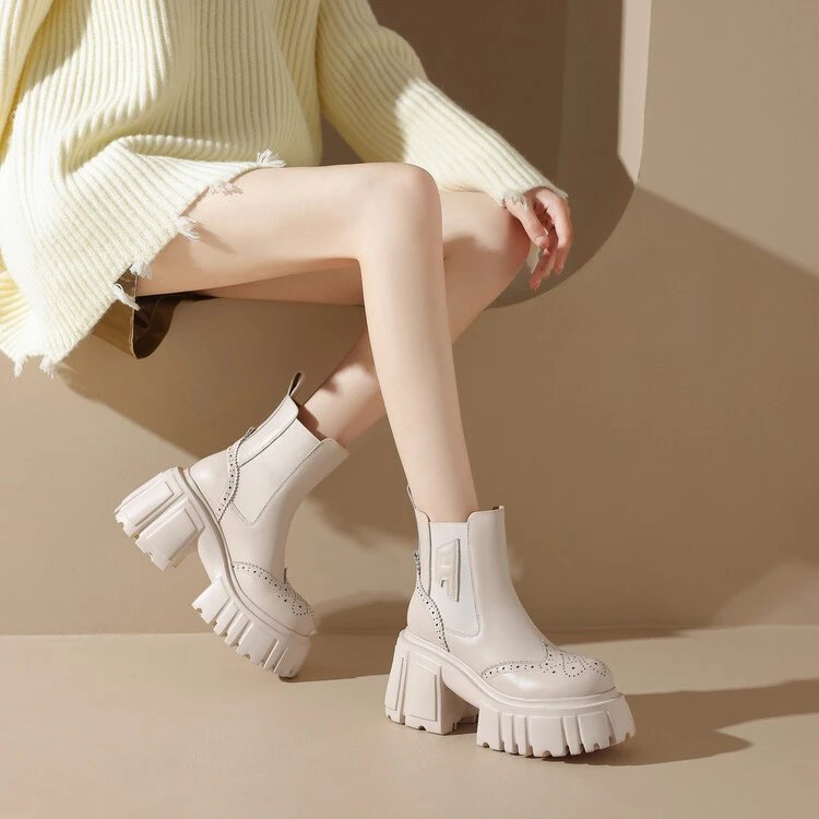 秋冬新款10cm粗跟欧美风真皮短靴女厚底时尚百搭套筒小个子马丁靴